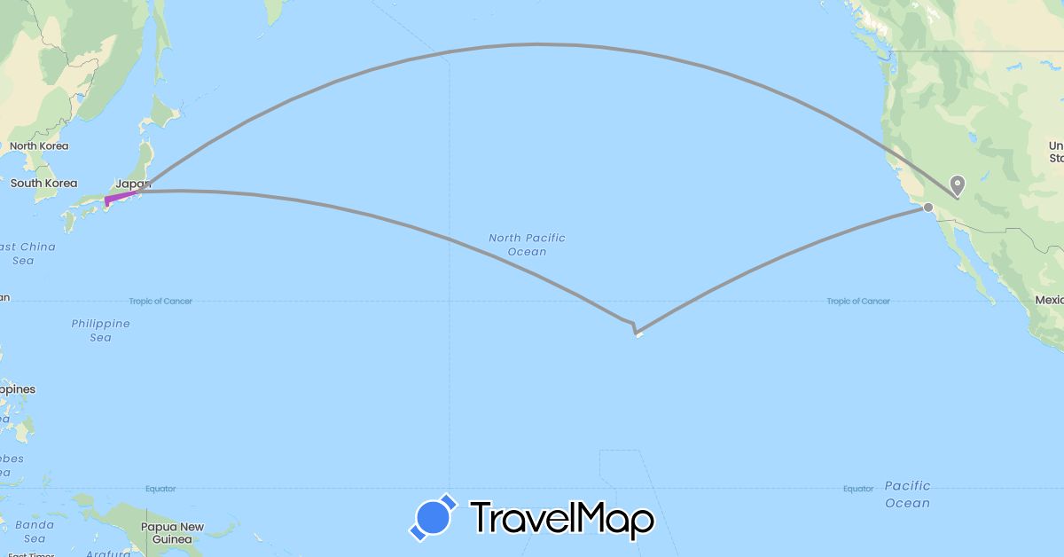 TravelMap itinerary: driving, plane, train in Japan, United States (Asia, North America)