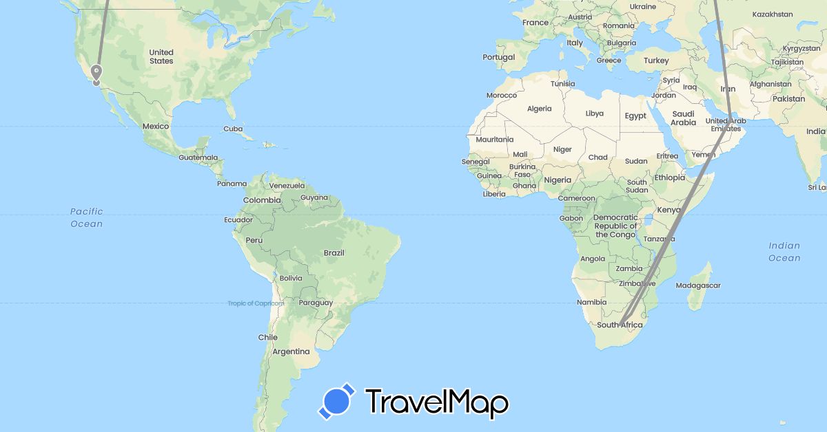 TravelMap itinerary: driving, plane in United Arab Emirates, United States, South Africa (Africa, Asia, North America)